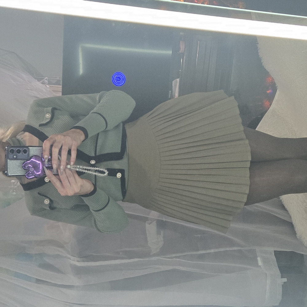 Green Mini Skater Skirt with Pleats